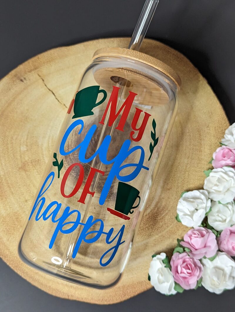 ‘My Cup Of Happy’ 16oz Beer Can Glass With Bamboo Lid and Glass Straw ...