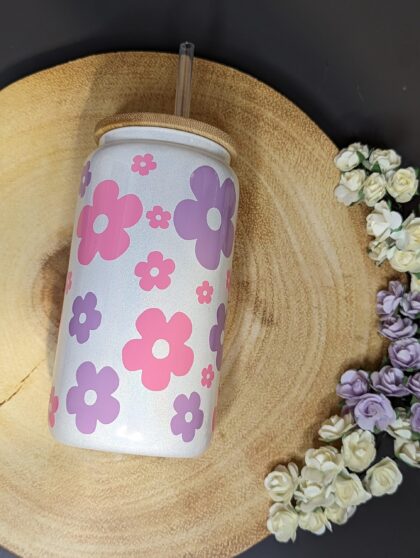 Flowers 16oz White Iridescent Beer Can Glass With Bamboo Lid and Plastic Straw - Retired Design