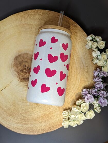 Pink Hearts 16oz White Iridescent Beer Can Glass With Bamboo Lid and Plastic Straw