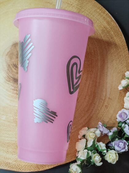 Pink and Blue Glow in the Dark Silver Heart 24 oz Cold Cup