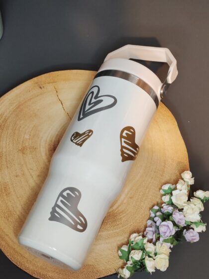 White 30oz Tumbler With Swing Handle With Hearts