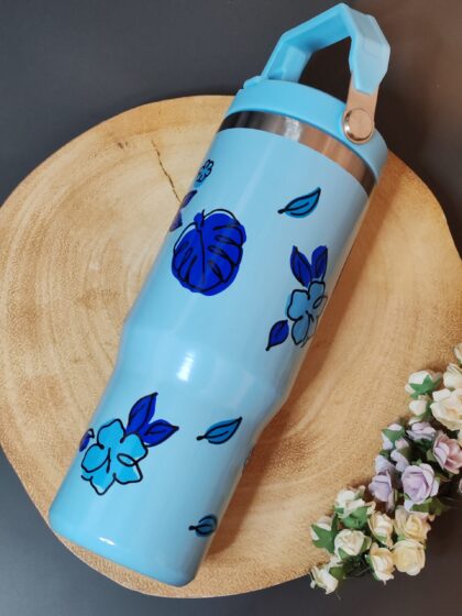 Blue 30oz Tumbler With Swing Handle With Flowers and Leaves