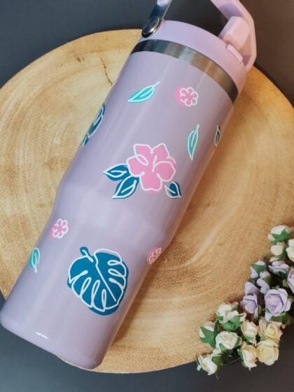 Lilac 30oz Tumbler With Swing Handle With Flowers and Leaves