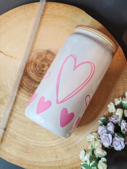Light Pink Hearts 16oz White Iridescent Beer Can Glass With Bamboo Lid and Plastic Straw