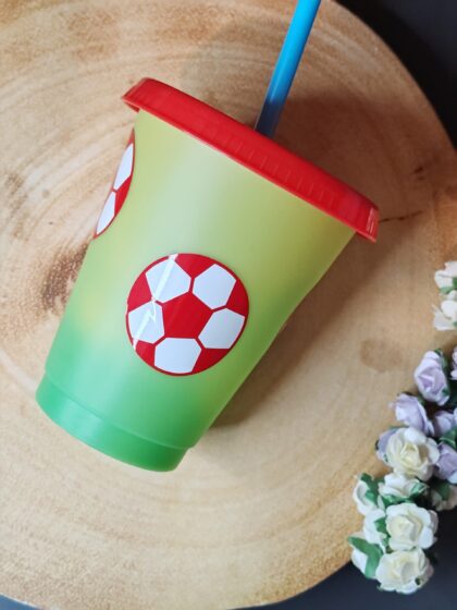 Green Colour Changing 16 oz Cold Cup with Red and White Footballs
