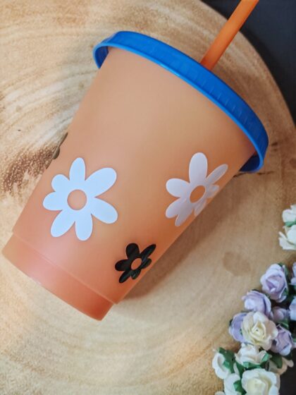 Orange Colour Changing 16 oz Cold Cup with Black and White Flowers