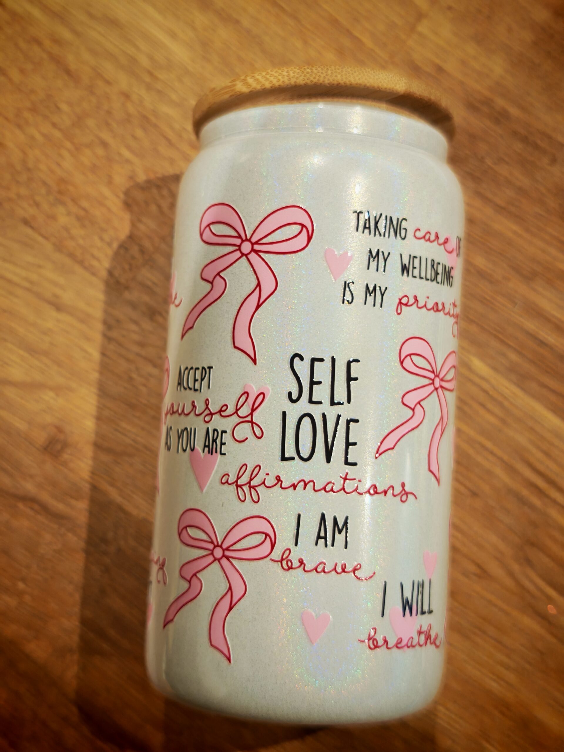 Bow Self Love Affirmations 16oz White Iridescent Beer Can Glass With Bamboo Lid and Plastic Straw