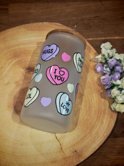 Candy Hearts 16oz Frosted Beer Can Glass With Bamboo Lid and Plastic Straw
