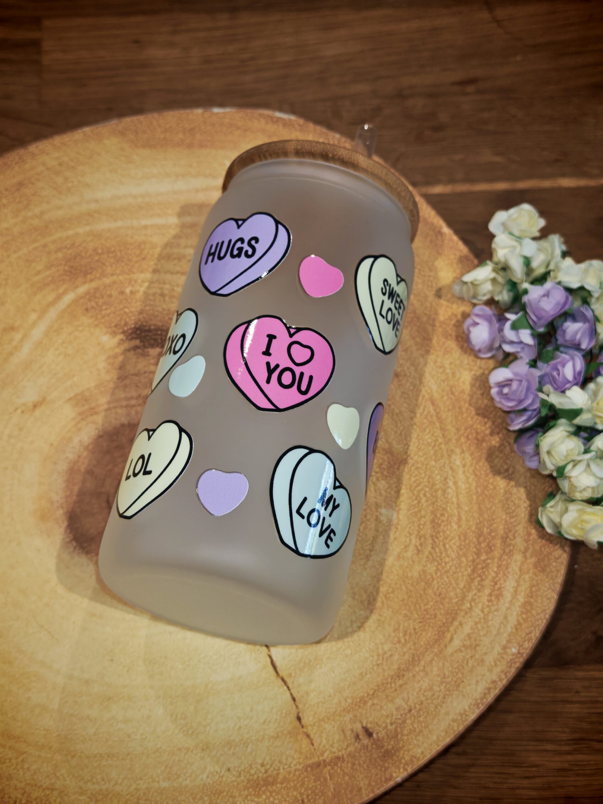 Candy Hearts 16oz Frosted Beer Can Glass With Bamboo Lid and Plastic Straw
